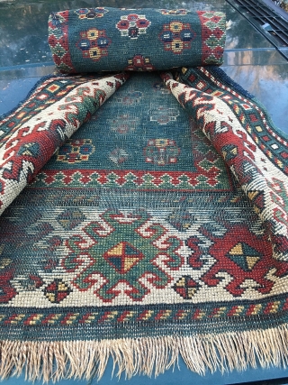 Green ground Kazak 
Nice abrash
3'3" x 5'4" 
                         