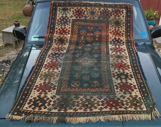 Green ground Kazak 
Nice abrash
3'3" x 5'4" 
                         