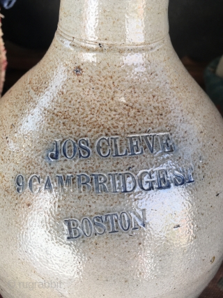 1890's salt glazed stoneware 1 Gallon  Advertising Jug Cobalt Stamped 'Jos Cleve, 9 cambridge St, Boston' As Made w no chips or cracks         