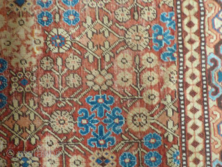 A Late 18th Century Herati Pattern Khotan rug. Khotan Carpet East Turkestan, circa 1900 The terracotta field with a lattice of flowering angular vines enclosed by borders of hooked and scrolled devices  ...