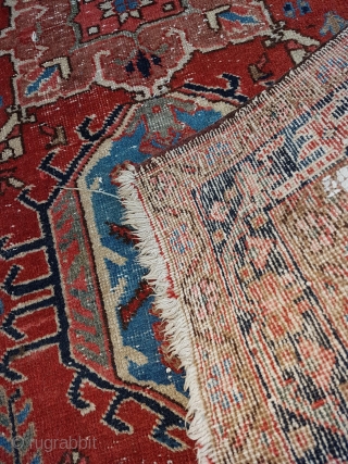 This is a 1900s Karajah 130x95 cm or 4.3x3.1 feet in overall OK condition with traces of use and age. Note some wool discoloratio around the border 

     