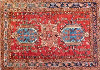 This is a 1900s Karajah 130x95 cm or 4.3x3.1 feet in overall OK condition with traces of use and age. Note some wool discoloratio around the border 

     