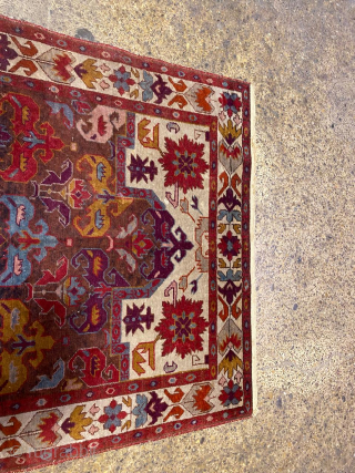 A lovely small-format Daghestan prayer rug with Bidjov motifs. Short pile, cotton base. Small defect reflected in the price 
1930-40s A very decorative piece from the Stalinist era
You may want to read  ...