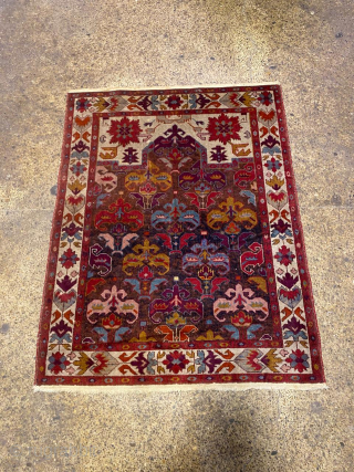 A lovely small-format Daghestan prayer rug with Bidjov motifs. Short pile, cotton base. Small defect reflected in the price 
1930-40s A very decorative piece from the Stalinist era
You may want to read  ...