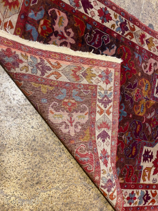 A lovely small-format Daghestan prayer rug with Bidjov motifs. Short pile, cotton base. Small defect reflected in the price 
1930-40s A very decorative piece from the Stalinist era
You may want to read  ...