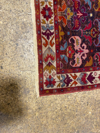 A lovely small-format Daghestan prayer rug with Bidjov motifs. Short pile, cotton base. Small defect reflected in the price 
1930-40s A very decorative piece from the Stalinist era
You may want to read  ...