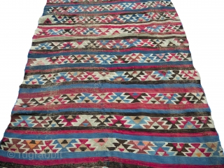 A very old Shirvan kilim. Distressed with one small old repair. Still quite charismatic
Size:  6.6x4.6 feet  
The archaic design of this Shirvan kilim is describes in Yanni Petsopoulos' book Kilims  ...