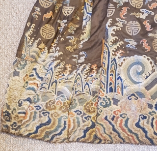 Tibetan Monastic Dance Robe
Tailored in Tibet using a repurposed early 18th century Qing dynasty, Yongzheng period commemorative court robe. Woven rich brown silk satin brocaded with polychrome silk and gold wrapped threads  ...