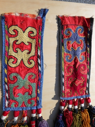 Pair of Kirghizistan igsalik (spoon bag).
Second quarter 20th c. 27 x 11.5 cm bag, 65 cm overall lenght.
One tassel lacks, a bargain price for this.        