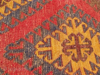 Kirghizistan, last quarter XIX c. cm 241 x 232, wool on wool. Three lines of knots missed at lower end. Beautiful border, rare item! Thanks for watching!      