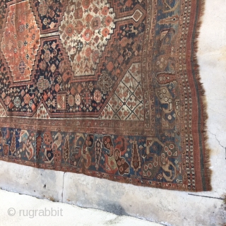 1880's QASHQAI 6x9 Rug:
Also known as Shiraz rug, this Qashqai Rug is a definite treasure. 
This wool rug hand made in Iran is 6x9, very thin, all over wear, all over pattern,  ...