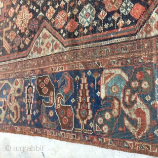 1880's QASHQAI 6x9 Rug:
Also known as Shiraz rug, this Qashqai Rug is a definite treasure. 
This wool rug hand made in Iran is 6x9, very thin, all over wear, all over pattern,  ...