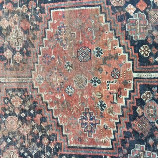 1880's QASHQAI 6x9 Rug:
Also known as Shiraz rug, this Qashqai Rug is a definite treasure. 
This wool rug hand made in Iran is 6x9, very thin, all over wear, all over pattern,  ...