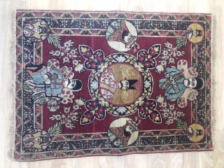 An antique Pictorial Kerman about 100 years,in a mint condition,size:79,5x57,5 cm,this rug shows Naser ad-din Shah,who was shah between 1848-1896,we see in this exceptional rug Sattar Khan and Baghar khan two Iranian  ...