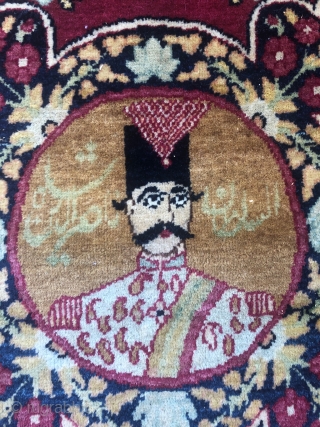 An antique Pictorial Kerman about 100 years,in a mint condition,size:79,5x57,5 cm,this rug shows Naser ad-din Shah,who was shah between 1848-1896,we see in this exceptional rug Sattar Khan and Baghar khan two Iranian  ...