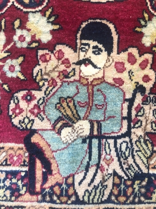 An antique Pictorial Kerman about 100 years,in a mint condition,size:79,5x57,5 cm,this rug shows Naser ad-din Shah,who was shah between 1848-1896,we see in this exceptional rug Sattar Khan and Baghar khan two Iranian  ...