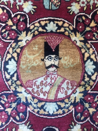 An antique Pictorial Kerman about 100 years,in a mint condition,size:79,5x57,5 cm,this rug shows Naser ad-din Shah,who was shah between 1848-1896,we see in this exceptional rug Sattar Khan and Baghar khan two Iranian  ...