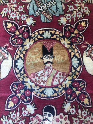 An antique Pictorial Kerman about 100 years,in a mint condition,size:79,5x57,5 cm,this rug shows Naser ad-din Shah,who was shah between 1848-1896,we see in this exceptional rug Sattar Khan and Baghar khan two Iranian  ...