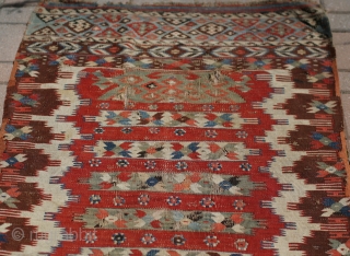 A 3'10"x5'2" Mid 19th century Anatolian Kilim. Beautiful old colors, some worn areas, and repairs.                  