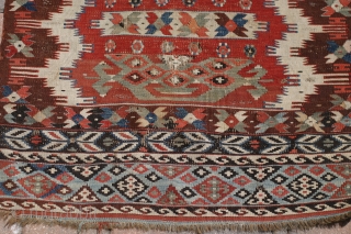 A 3'10"x5'2" Mid 19th century Anatolian Kilim. Beautiful old colors, some worn areas, and repairs.                  