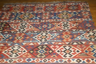 A 6'2"x8'2" Antique caucasian Kilim, nice colors, good overall condition with a couple small holes.                  