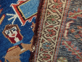 A nomadica Bakhtiari Rug,circa 1900 jh,Beautiful Colours,animals,flowers and other tribal motife.
midfield has low pile,original ends and sides,no repair.
size; 205x123 cm             