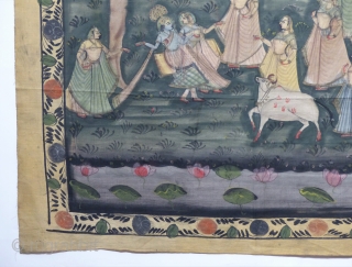Antique handpainted and not stamped India textile with figures.
minor damage on upper right corner.
size: 110 x 90 cm               