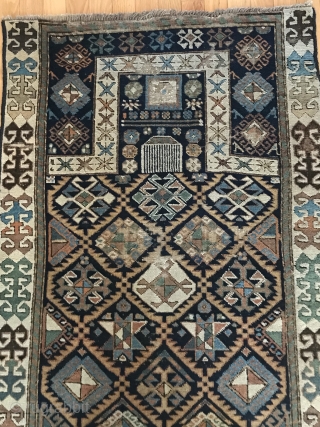 Akstafa Prayer Rug 30” x 63”  narrow format with a square mihrab with scattered wear, no end borders 

             