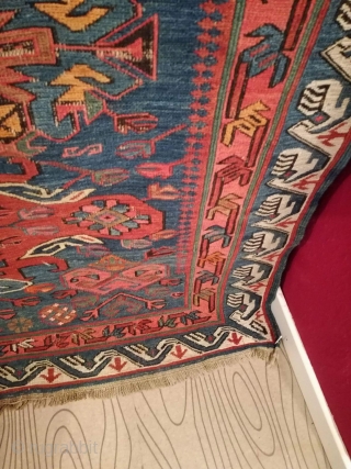 An antique Seychur, Kuba, Daghestan Sumak Kilim with 232/118 cm. Smallest demages. Original endings. No repairs. Natural dyes green, blue madder. Synthetic dyes red and orange.       