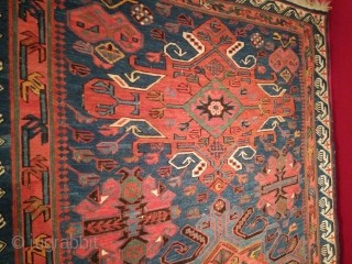 An antique Seychur, Kuba, Daghestan Sumak Kilim with 232/118 cm. Smallest demages. Original endings. No repairs. Natural dyes green, blue madder. Synthetic dyes red and orange.       