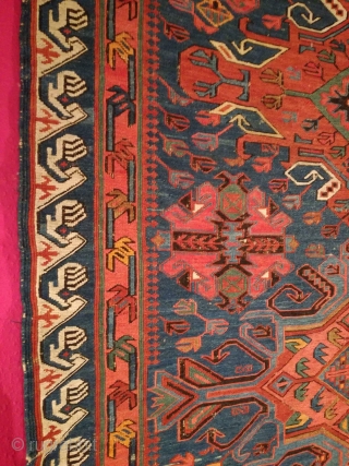 An antique Seychur, Kuba, Daghestan Sumak Kilim with 232/118 cm. Smallest demages. Original endings. No repairs. Natural dyes green, blue madder. Synthetic dyes red and orange.       