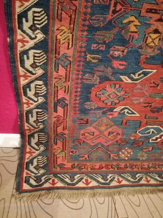 An antique Seychur, Kuba, Daghestan Sumak Kilim with 232/118 cm. Smallest demages. Original endings. No repairs. Natural dyes green, blue madder. Synthetic dyes red and orange.       