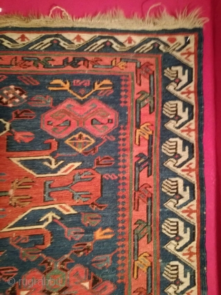 An antique Seychur, Kuba, Daghestan Sumak Kilim with 232/118 cm. Smallest demages. Original endings. No repairs. Natural dyes green, blue madder. Synthetic dyes red and orange.       