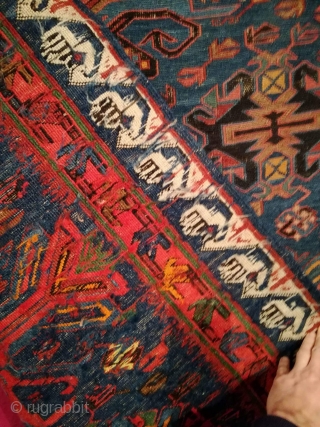 An antique Seychur, Kuba, Daghestan Sumak Kilim with 232/118 cm. Smallest demages. Original endings. No repairs. Natural dyes green, blue madder. Synthetic dyes red and orange.       