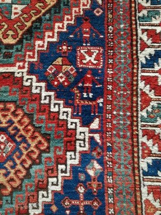 An antique Kazak rug. All natural dyes. 220/134 cm. Signs of use but good shape. All endings original. No repairs.             