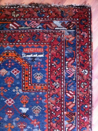 1323 dated Kasak prayer rug with 158/94 cm. Good pile with repiles and demages.                   