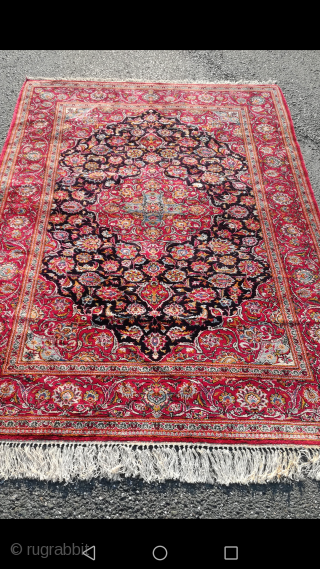 An old Iran Kashan silk on silk rug with 210/140 cm. Very good condition with even good pile.               