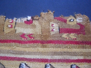 An ancient South American textile. Peru...Lima...Chancay...wherever. I do have several woven fragments and bands from this area but this one i think is good enough to show you. Size is 39 X  ...