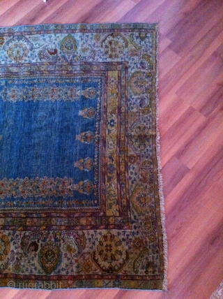 An old turkish or probably North persian prayer rug with the size 155/125 cm. Good shape with reduced endings. Part silk frings.           