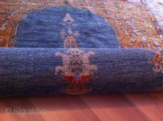 An old turkish or probably North persian prayer rug with the size 155/125 cm. Good shape with reduced endings. Part silk frings.           