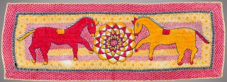 C. 1900 - 1920 
Kantha with an exceptional showcase of colorful embroidery featuring central mandala and stand out horses with a clean hand-sewn quilted border with colored edges.
Size : 21 by 8  ...