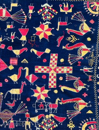 Indigo Phulkari
Handspun Indigo cotton plain weave (khaddar) with silk and cotton embroidery,Sanchi Phulkari From East(Punjab) India.
Colour combination is beautiful with all over buti and peacock figures in border. This piece is depicting  ...