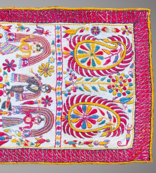 Kantha quilted embroidery, cotton plain weave, hand-sewn and embroidered with cotton thread. 
Size : 21 by 8 CMS
C.1910 - 1930
This symmetric Kantha has a beautiful central mandala with figures of Lord Krishna  ...