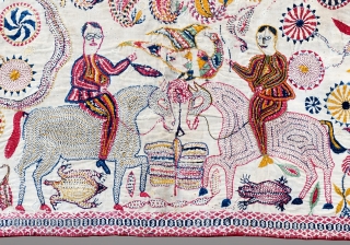 Kantha quilted embroidery
Early Twentieth century

This baytan kantha has a large central mandala with a traditional pelated form surrounded by boteh, or paisley motifs, and four tree of life forms. between them are  ...