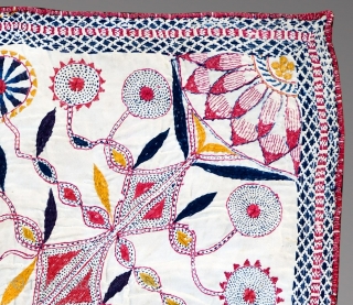 Kantha quilted embroidery
Early Twentieth century

This baytan kantha has a large central mandala with a traditional pelated form surrounded by boteh, or paisley motifs, and four tree of life forms. between them are  ...