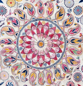 Kantha quilted embroidery
Early Twentieth century

This baytan kantha has a large central mandala with a traditional pelated form surrounded by boteh, or paisley motifs, and four tree of life forms. between them are  ...