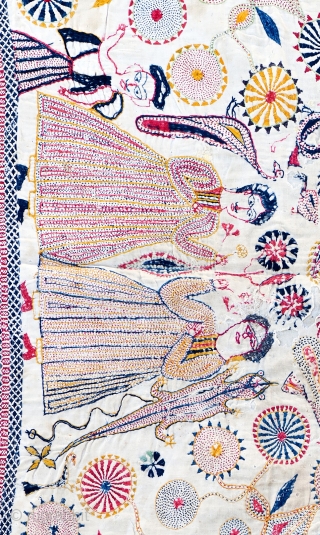 Kantha quilted embroidery
Early Twentieth century

This baytan kantha has a large central mandala with a traditional pelated form surrounded by boteh, or paisley motifs, and four tree of life forms. between them are  ...