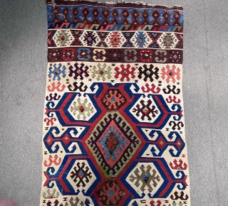 Early 19th Century Central Anatolian Konya Hotamıs Kilim incide some area old repair Size 440x100 Cm                 
