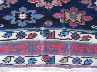 Saliani prayer rug 4'3"x2'8".  great colors and wool.  Nice small size.  Overall good condition, a few areas of crease wear and some ragged edges, but no loss. About 10  ...