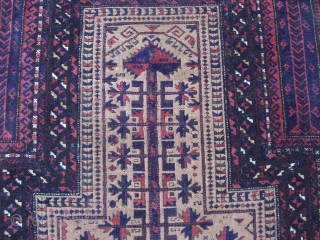 Beluch Prayer Rug 4'9" x 2'9".  All beautiful natural colors, Good condition, some brown corrosion, small repair at bottom center (see detail photo), and at kilim corners.     